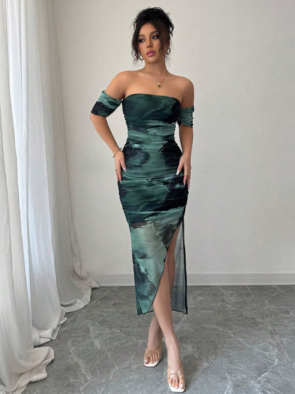Army Green Tie-Dye Off-Shoulder Bodycon Dress