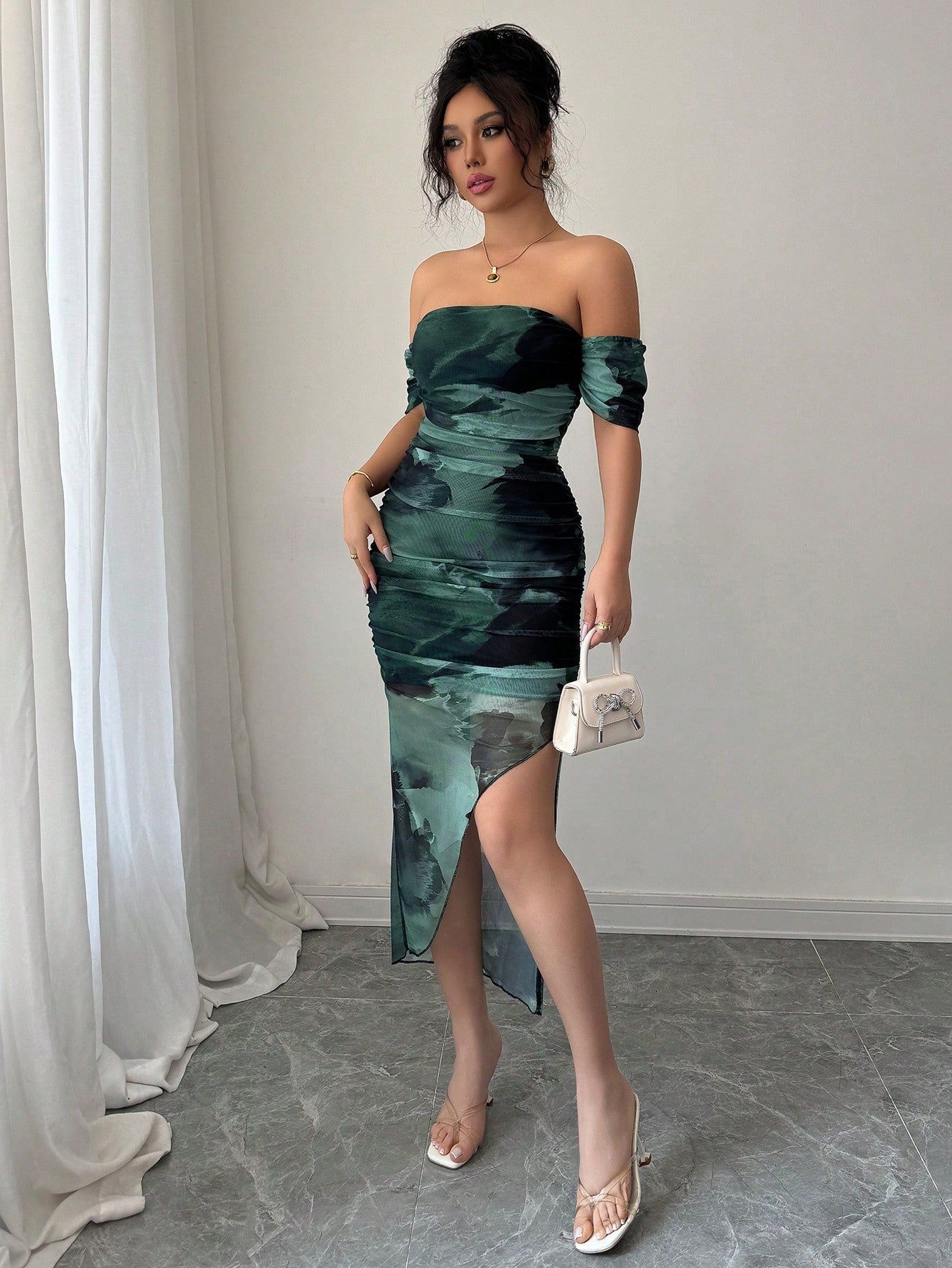 Army Green Tie-Dye Off-Shoulder Bodycon Dress