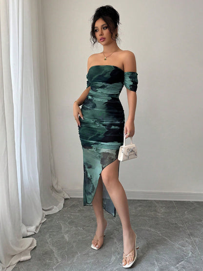 Army Green Tie-Dye Off-Shoulder Bodycon Dress