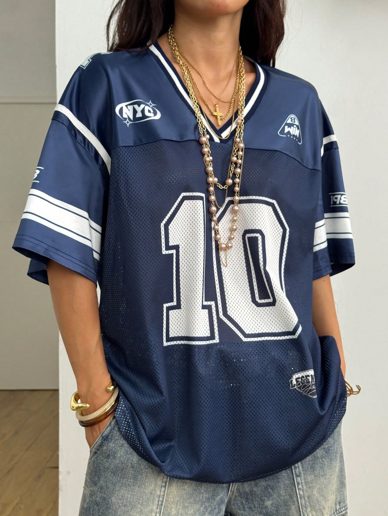 Coolane Women Summer Streetwear Sports Casual Contrast Trim Numeric Print Breathable Blue Jersey T-Shirt