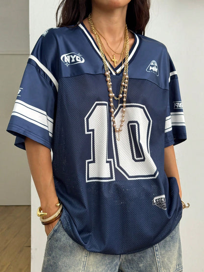 Coolane Women Summer Streetwear Sports Casual Contrast Trim Numeric Print Breathable Blue Jersey T-Shirt