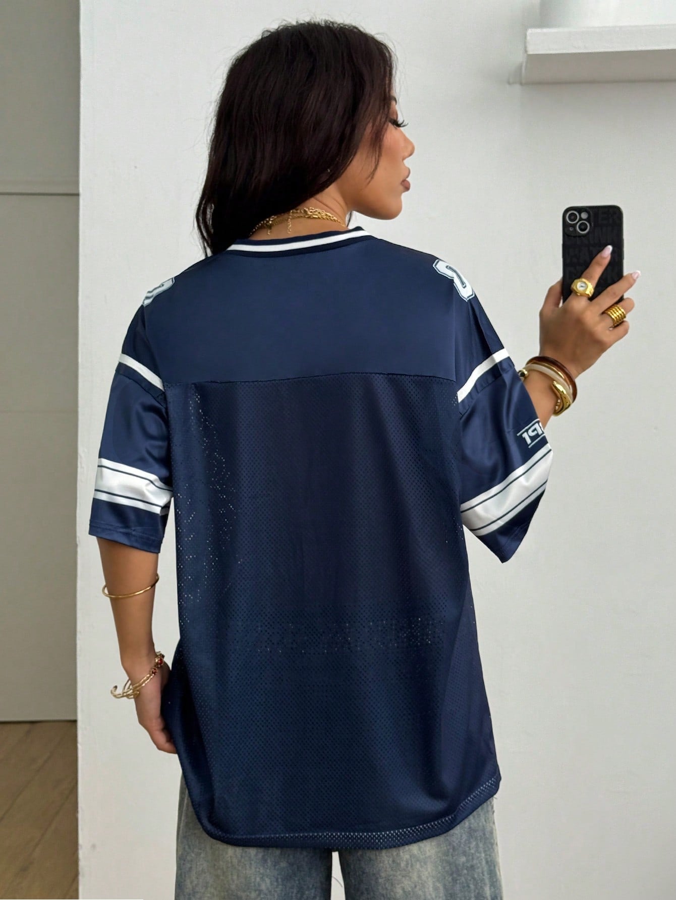 Coolane Women Summer Streetwear Sports Casual Contrast Trim Numeric Print Breathable Blue Jersey T-Shirt