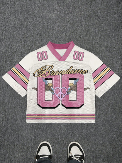 Pink Letter & Angel Print 2000s Style V-Neck Soccer Jersey