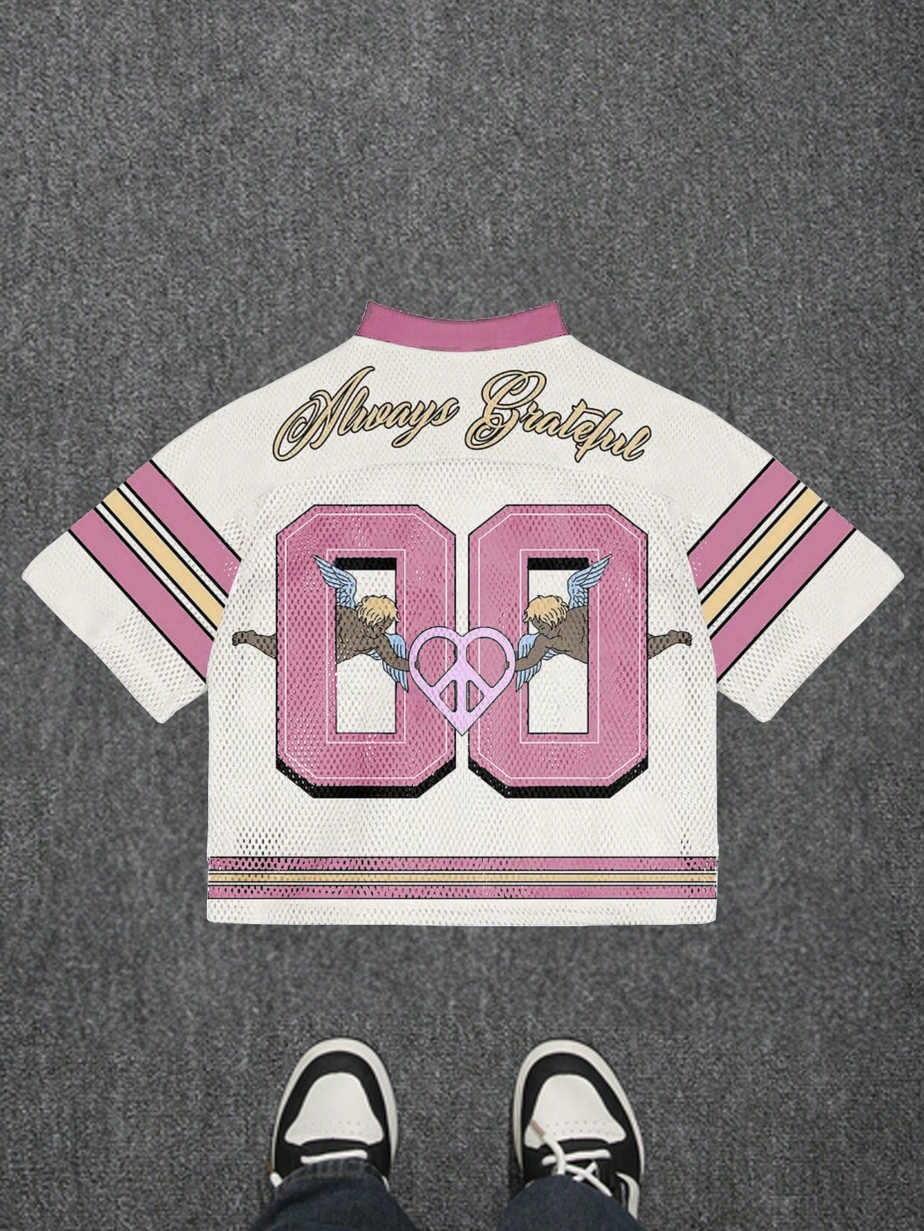 Pink Letter & Angel Print 2000s Style V-Neck Soccer Jersey
