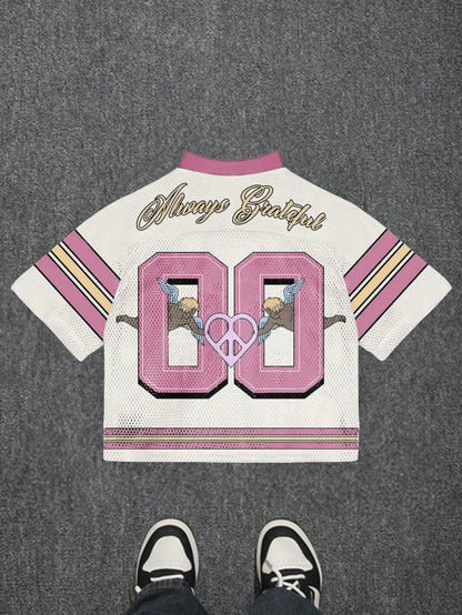 Pink Letter & Angel Print 2000s Style V-Neck Soccer Jersey