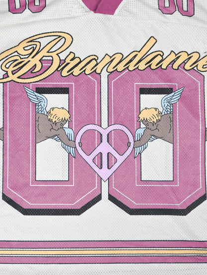 Pink Letter & Angel Print 2000s Style V-Neck Soccer Jersey