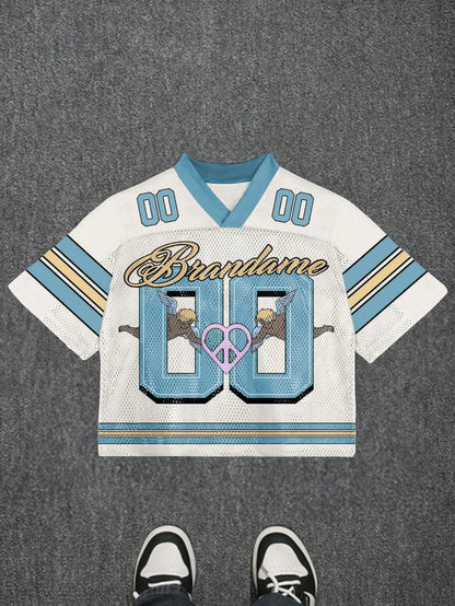 Baby Blue Letter & Angel Print V-Neck Jersey