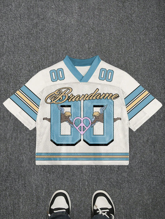 Baby Blue Letter & Angel Print V-Neck Jersey