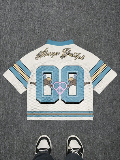 Baby Blue Letter & Angel Print V-Neck Jersey