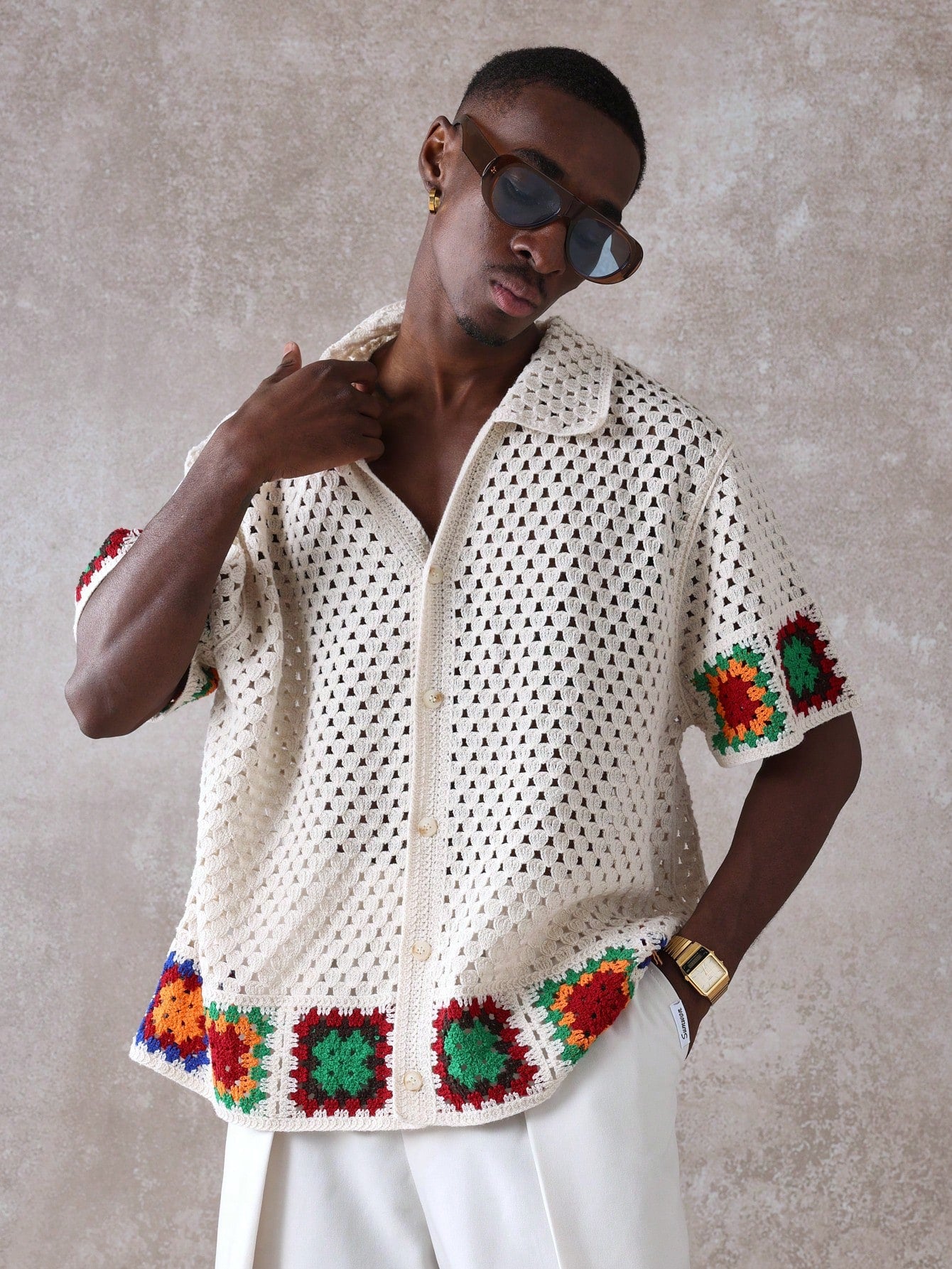 Luxury Crochet Granny Square Resort Shirt
