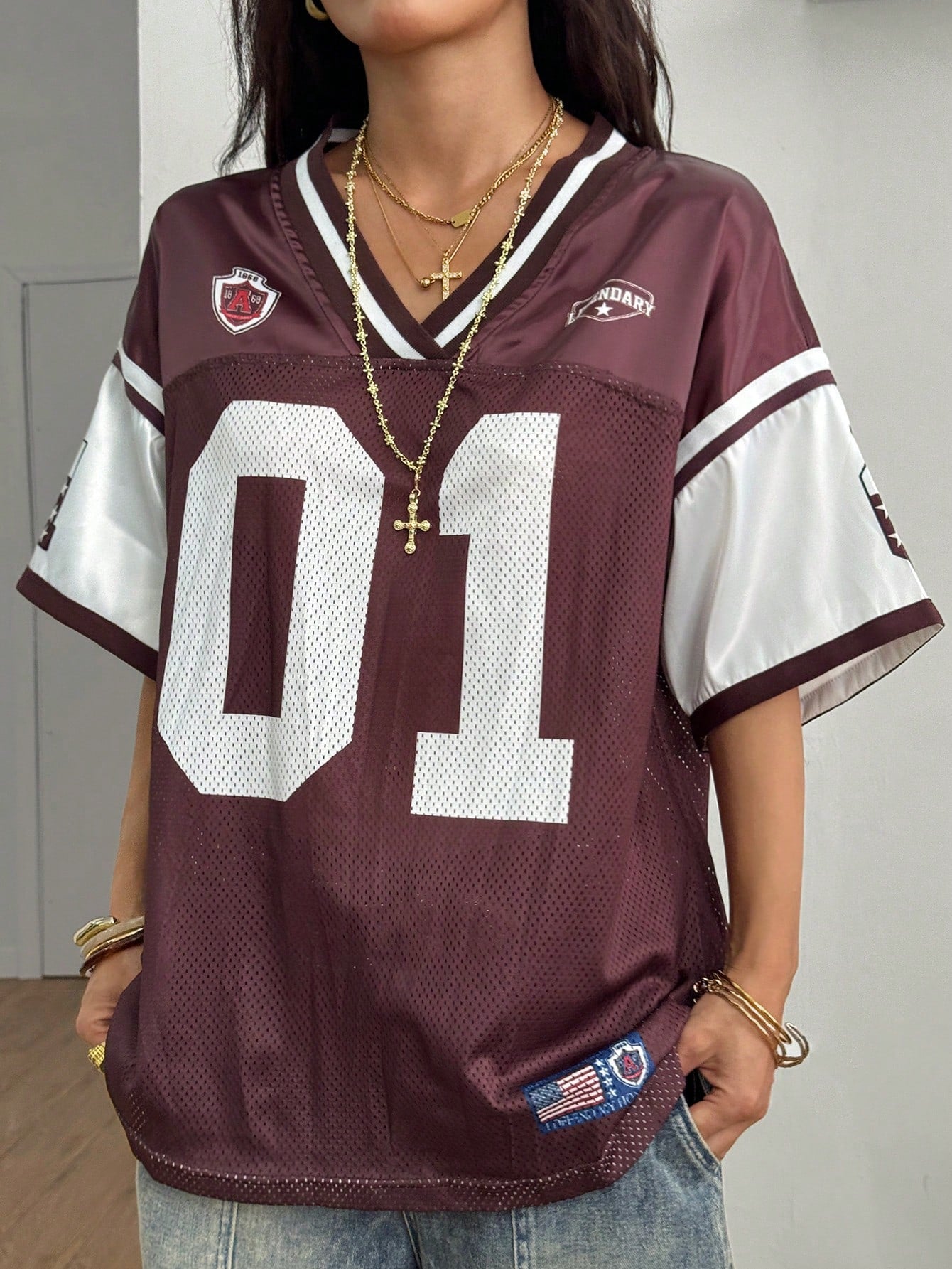 Women's Casual Coffee Brown Patched V-Neck Jersey