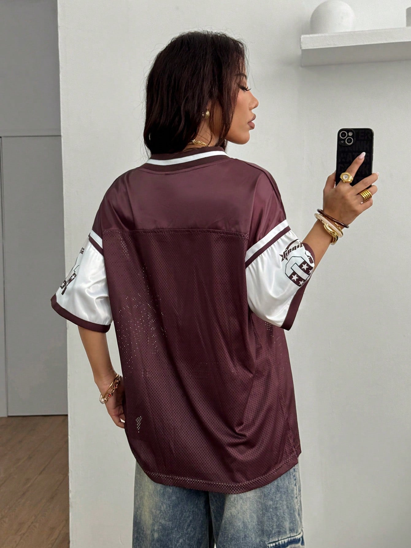 Women's Casual Coffee Brown Patched V-Neck Jersey