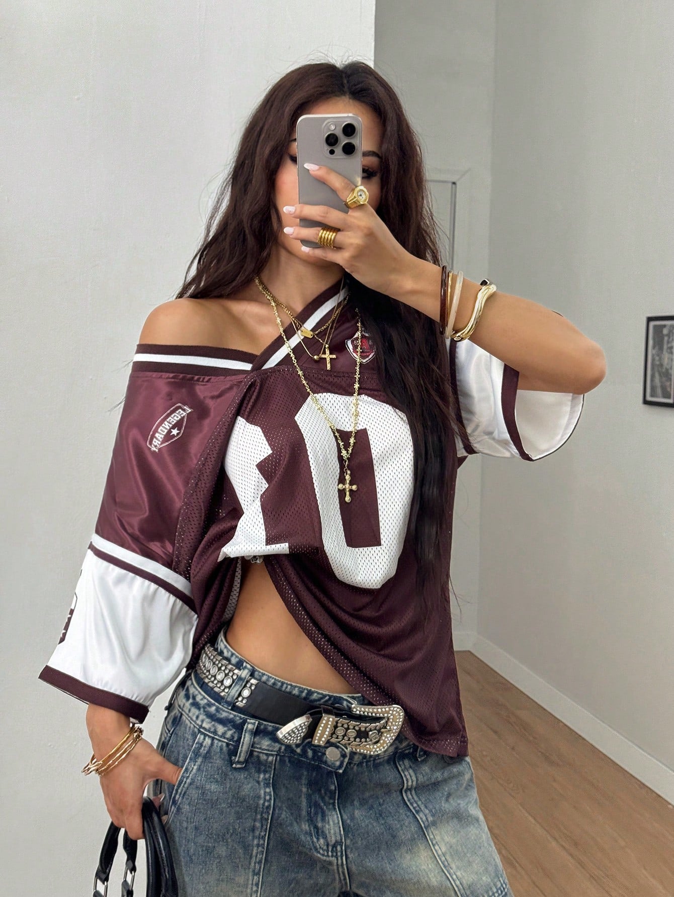 Women's Casual Coffee Brown Patched V-Neck Jersey