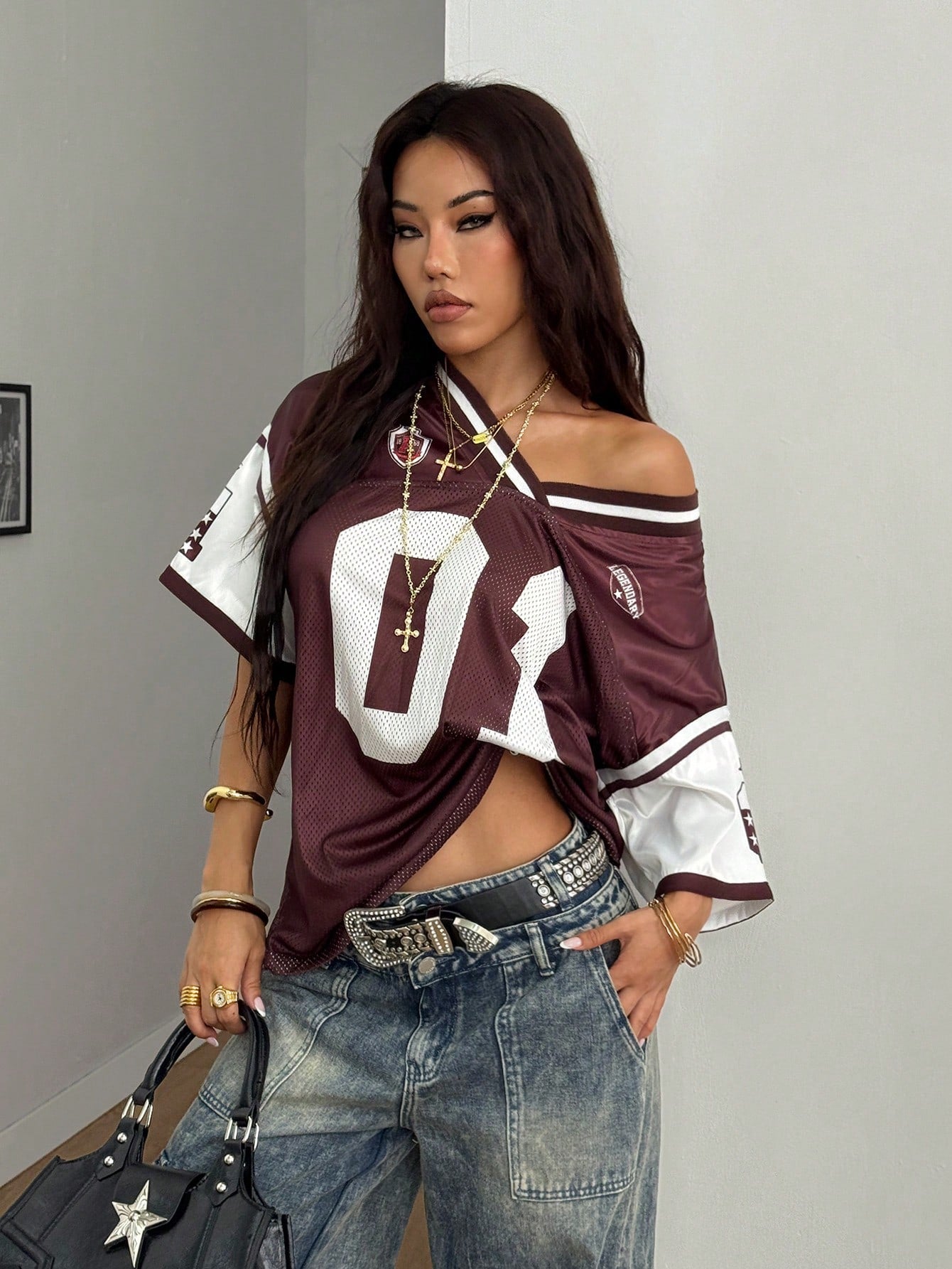 Women's Casual Coffee Brown Patched V-Neck Jersey