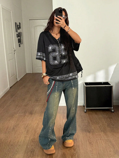 Women's Black Colorblock Striped V-Neck Jersey