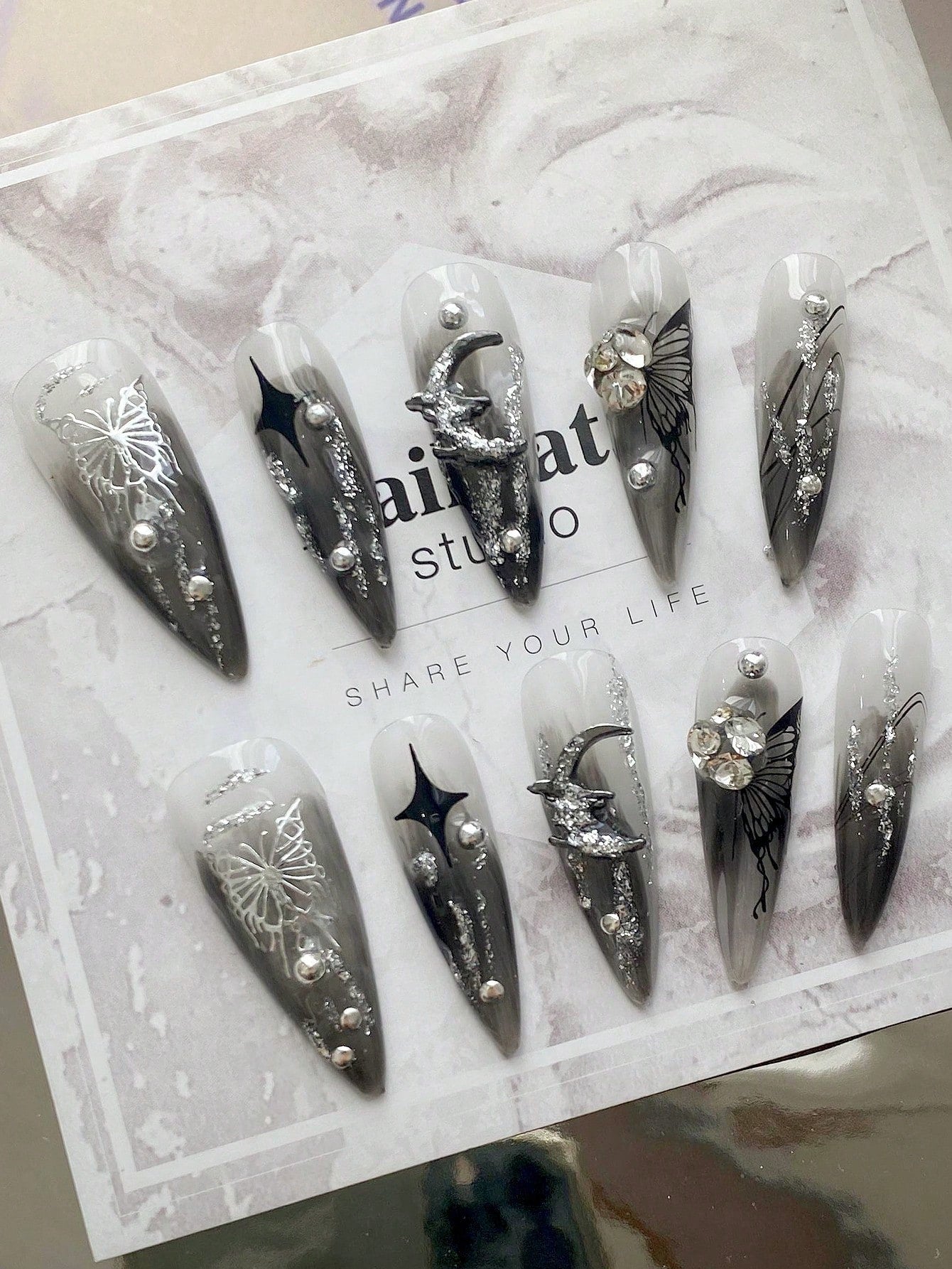 Gothic Gray Ombre Metallic Butterfly Press-On Nails