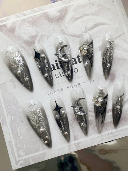 Gothic Gray Ombre Metallic Butterfly Press-On Nails