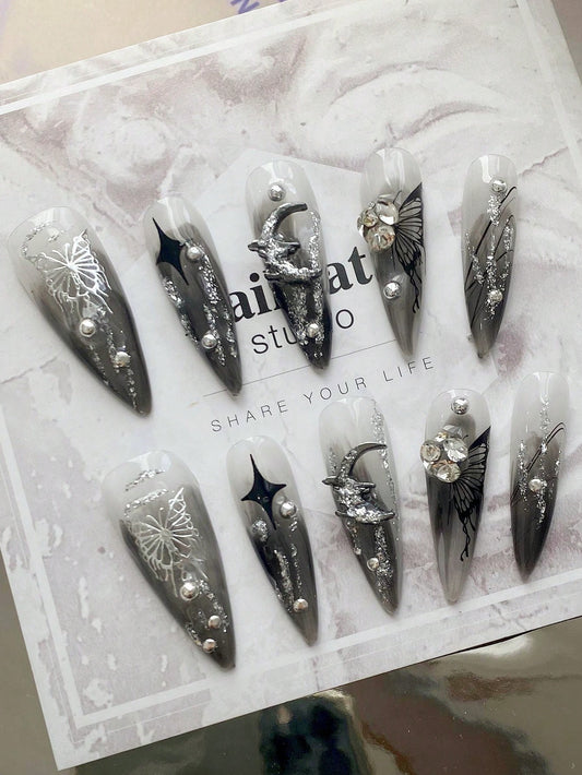 Gothic Gray Ombre Metallic Butterfly Press-On Nails