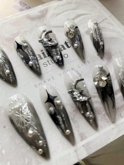 Gothic Gray Ombre Metallic Butterfly Press-On Nails