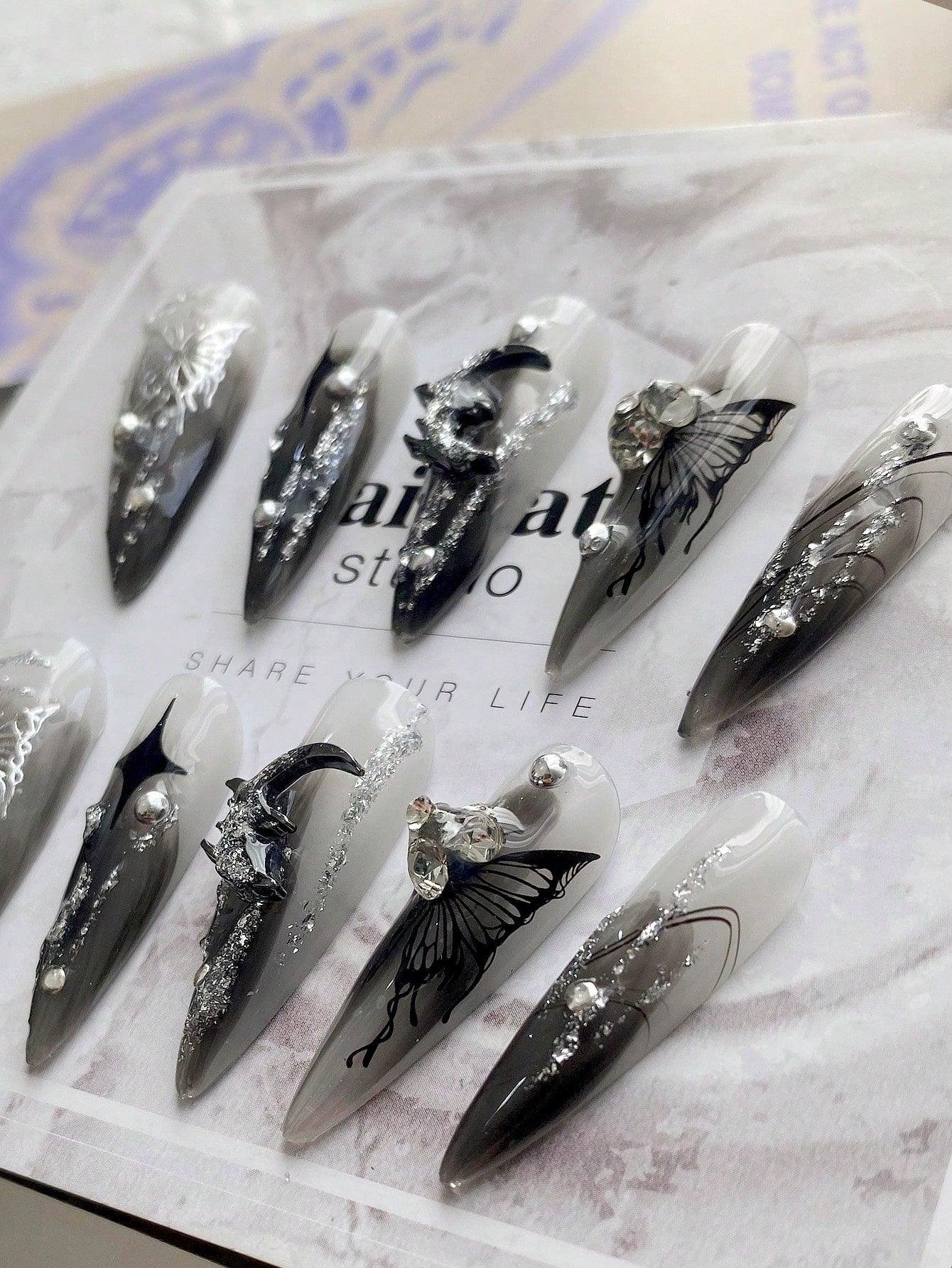 Gothic Gray Ombre Metallic Butterfly Press-On Nails