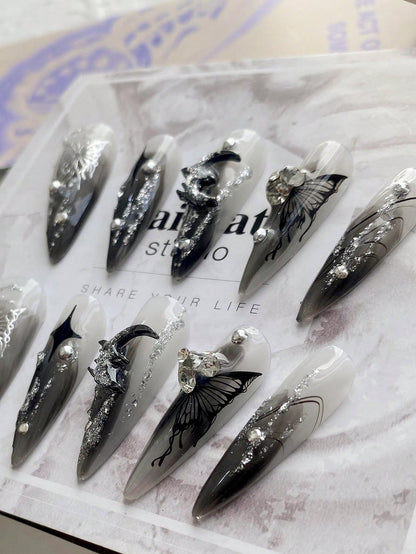 Gothic Gray Ombre Metallic Butterfly Press-On Nails