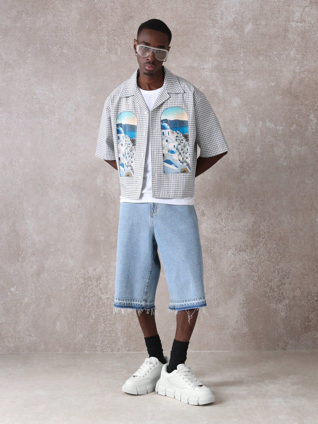 Santorini Greek Island Printed Check Resort Shirt