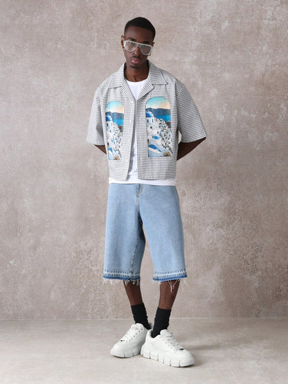 Santorini Greek Island Printed Check Resort Shirt