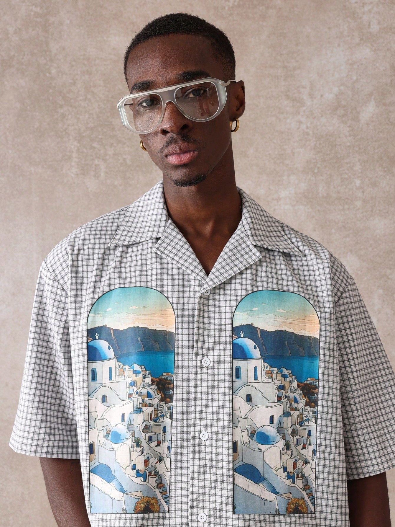 Santorini Greek Island Printed Check Resort Shirt