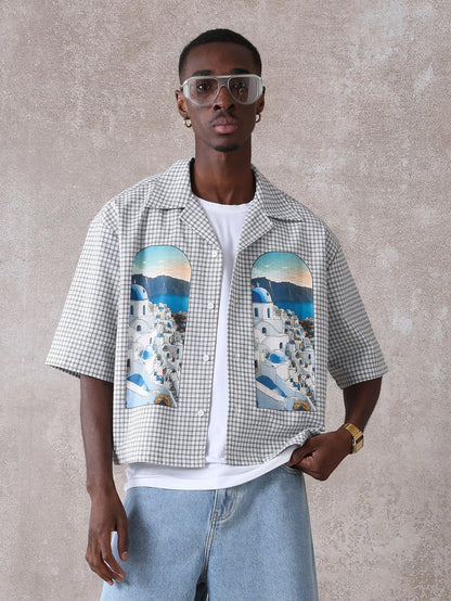 Santorini Greek Island Printed Check Resort Shirt