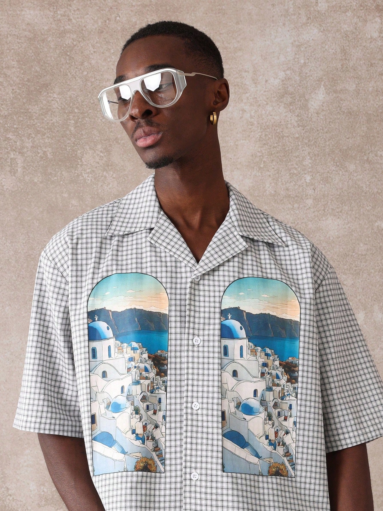 Santorini Greek Island Printed Check Resort Shirt