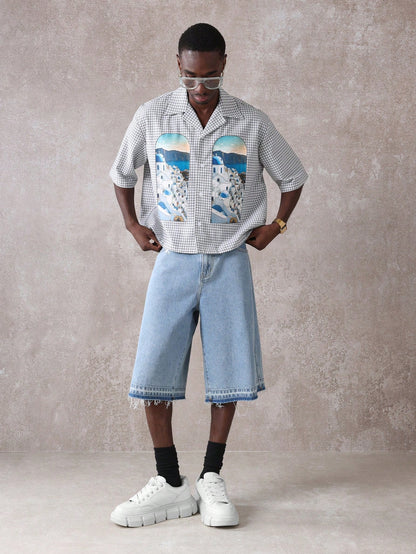 Santorini Greek Island Printed Check Resort Shirt