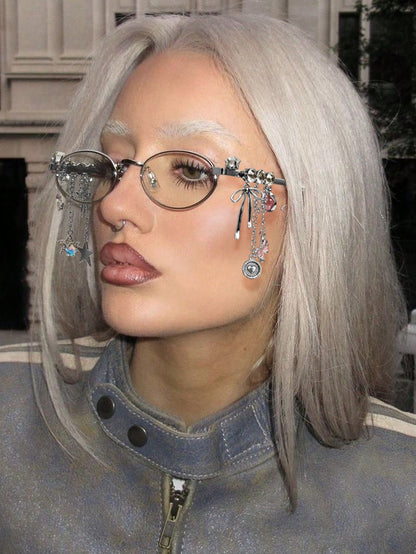 Oval Metal Y2K Fashion Glasses with Rhinestone Charms