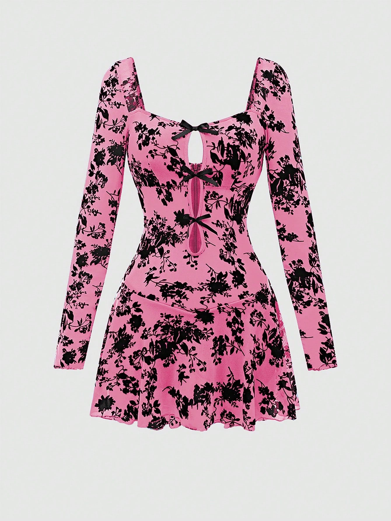 Sexy Black Flocked Mesh Mini Dress