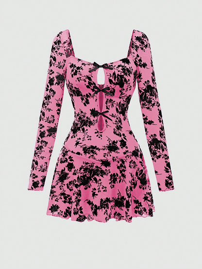 Sexy Black Flocked Mesh Mini Dress