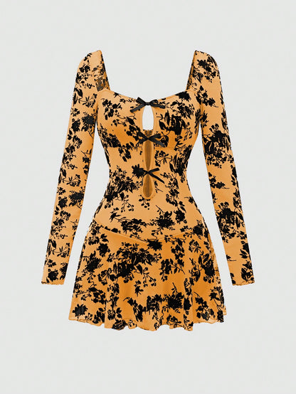 Sexy Black Flocked Mesh Mini Dress