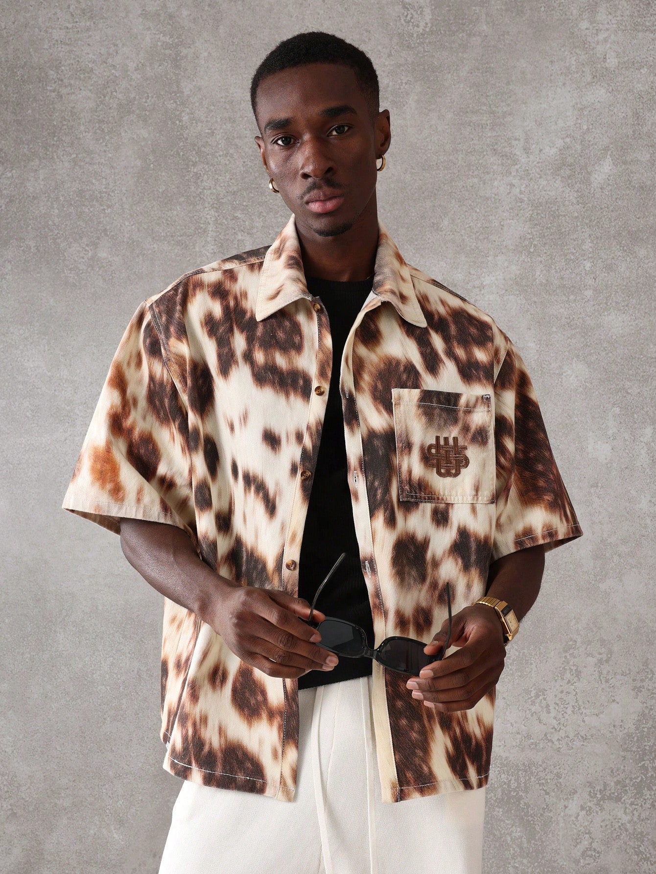 Oversized Boxy Animal Print Denim Short Sleeve Shirt