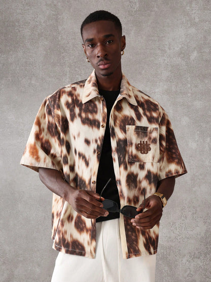 Oversized Boxy Animal Print Denim Short Sleeve Shirt