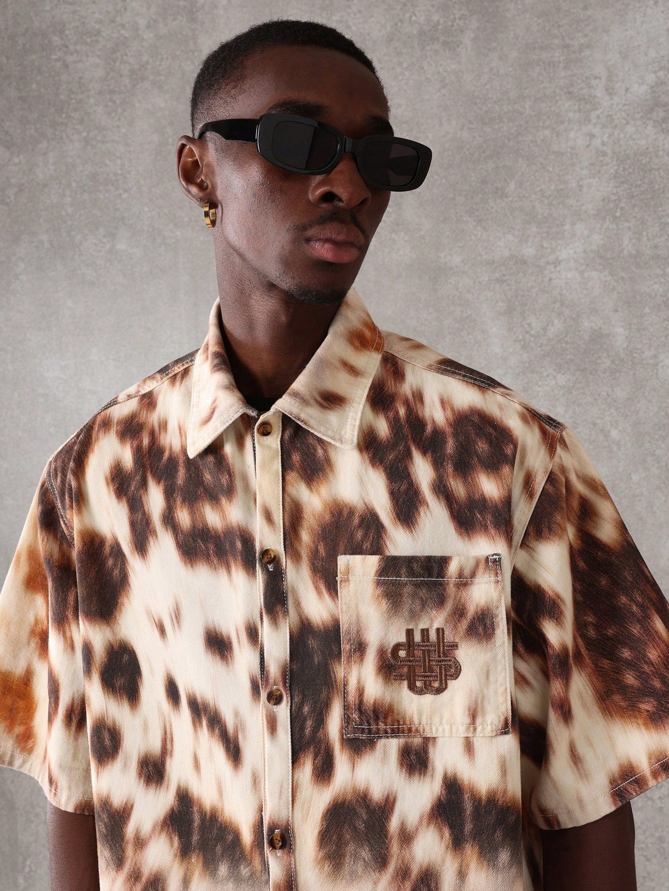 Oversized Boxy Animal Print Denim Short Sleeve Shirt