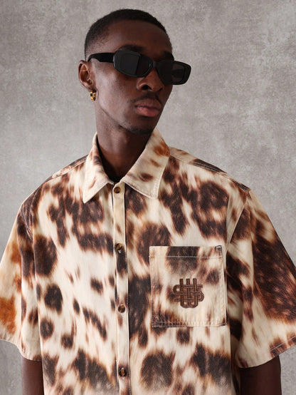 Oversized Boxy Animal Print Denim Short Sleeve Shirt