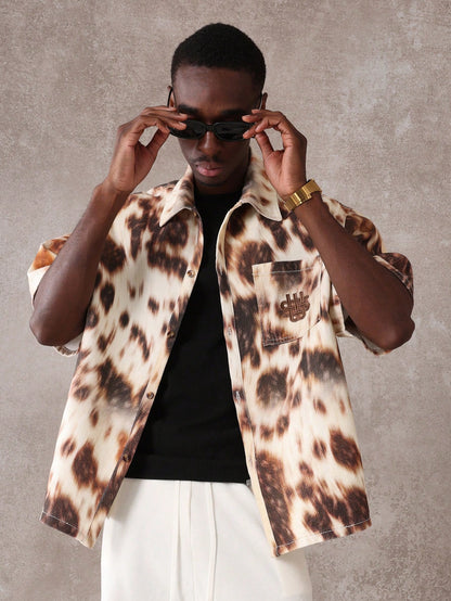 Oversized Boxy Animal Print Denim Short Sleeve Shirt