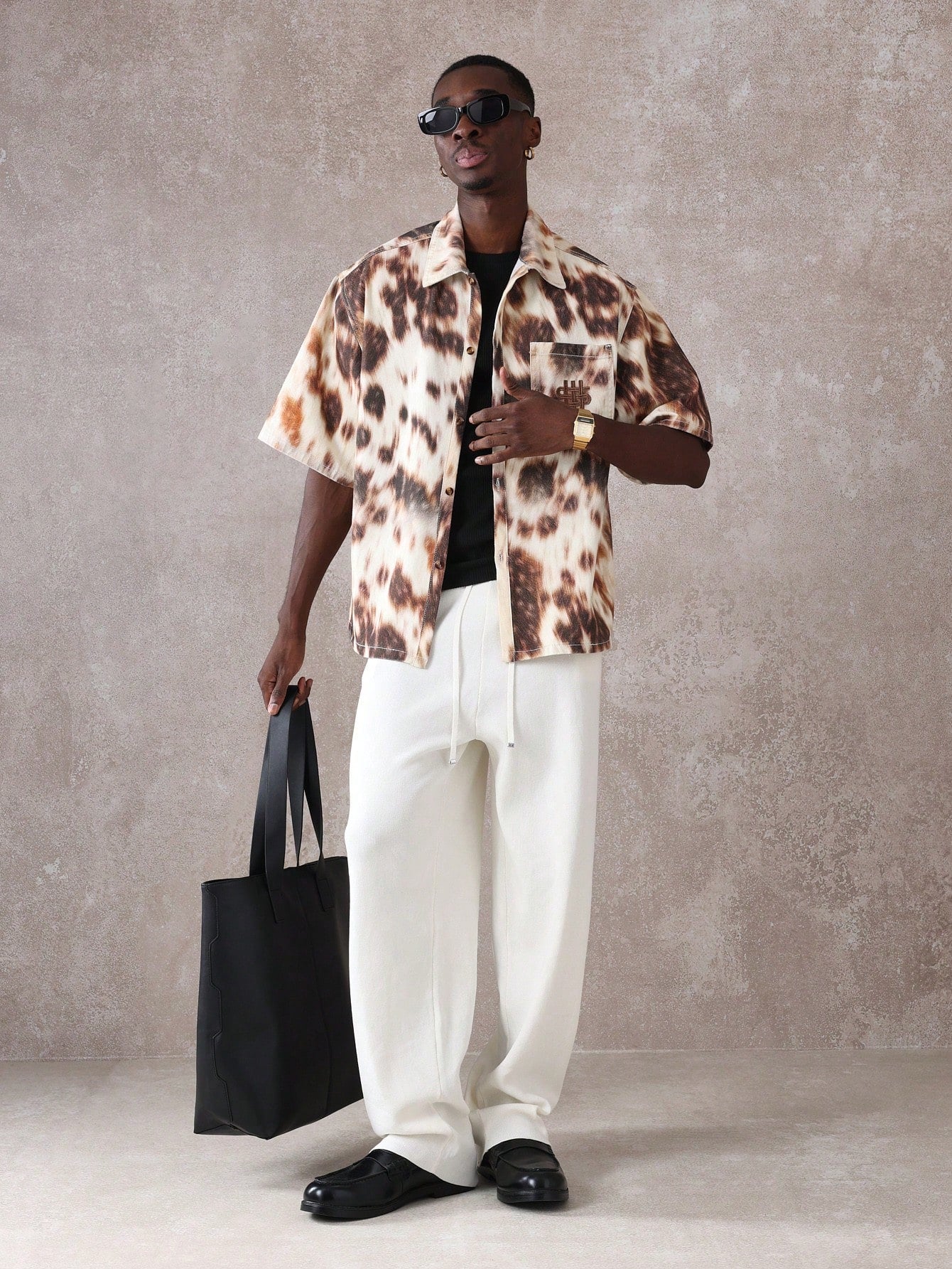 Oversized Boxy Animal Print Denim Short Sleeve Shirt
