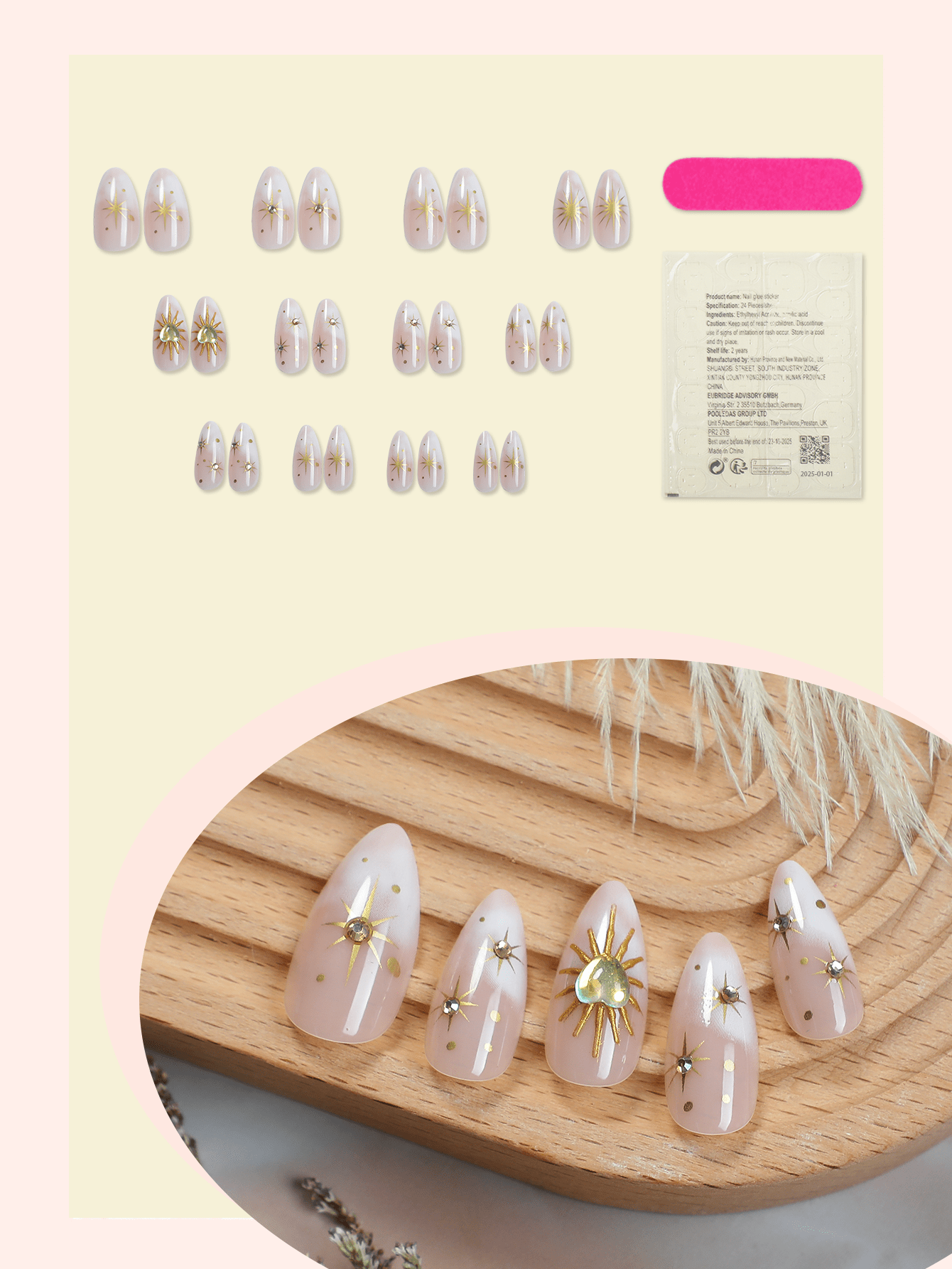 24pcs Tie-Dye Gradient 3D Heart & Star Almond Nails