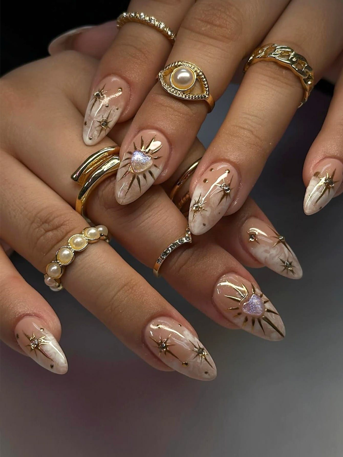 24pcs Tie-Dye Gradient 3D Heart & Star Almond Nails