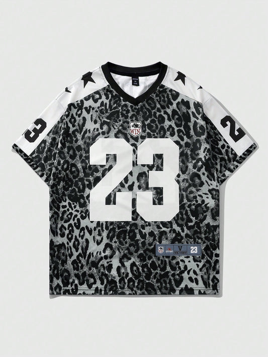 Grey Leopard Print V-Neck Short Sleeve Jersey