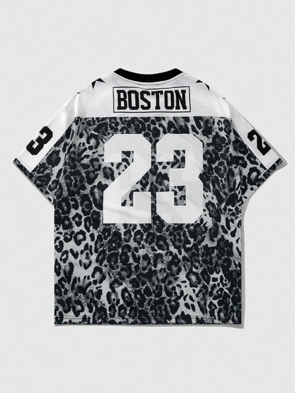 Grey Leopard Print V-Neck Short Sleeve Jersey