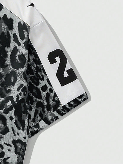 Grey Leopard Print V-Neck Short Sleeve Jersey