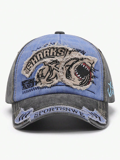 Washed Shark Embroidery Sun Protection Baseball Cap