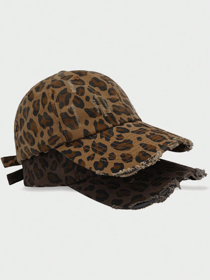 Vintage Ripped Leopard Print Curved Brim Baseball Cap