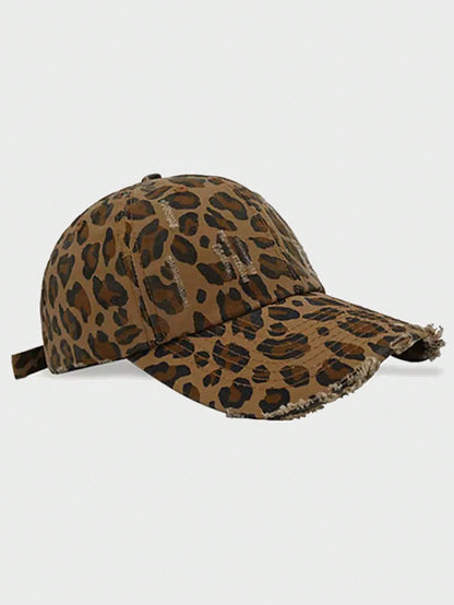 Vintage Ripped Leopard Print Curved Brim Baseball Cap
