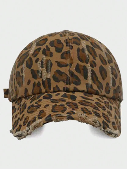 Vintage Ripped Leopard Print Curved Brim Baseball Cap